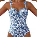 Aleumdr Women's One Piece Swimsuits Tummy Control Bathing Suits V Neck Boho Tie Shoulder Ruched Full Coverage Swimwear (X-Large, Blue)