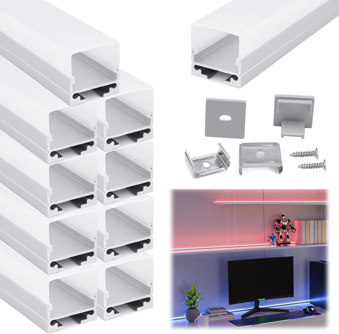 Muzata 10Pack 3.3FT/1M Spotless LED Channel No Hot Spots Silver Aluminum LED Strip Diffuser Channel with Milky White Cover U116 WW 1M