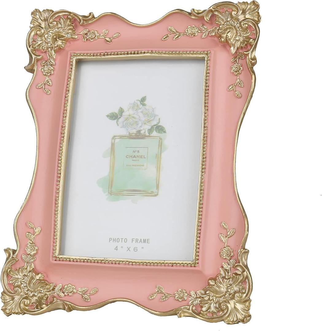 Kaolituis Vintage Picture Frame 4x6 with Gold Trim Antique Tabletop Wall Hanging Photo Frame with Glass Front for Home Decor, Gift Ideas (Pink)