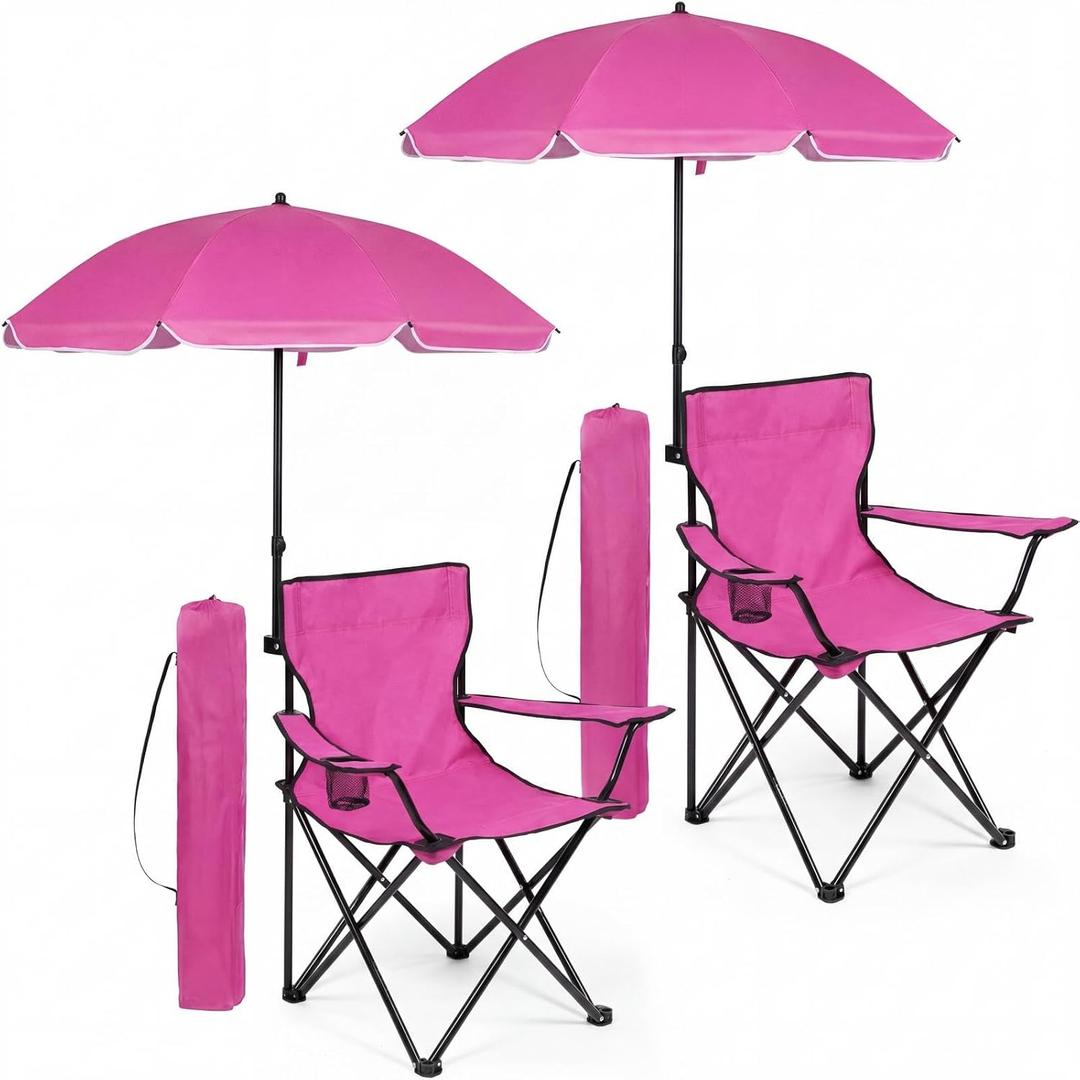 2 Pack Beach Umbrella Chairs Folding Camping Portable Beach Chairs with Canopy Shade Adults with Cup Holder Carrying Bag for Camping Hiking Travel Picnic Outdoor Events(Rose Red)