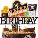 Pirate Happy Birthday Cake Topper Black Glitter Cake Decorations Pirate Ship Nautical Sailing Treasure Adventure Kids Boys Men Pirate Themed Party Supplies
