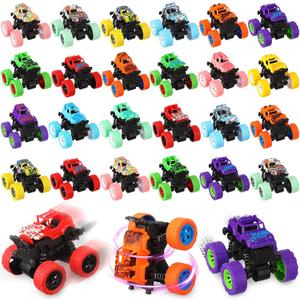 Hiboom 24 Pcs Friction Powered Mini Monster Trucks for Boys and Girls, Pull Back Vehicle Push and Go Toy Car 360 Rotating Stunt Car for Birthday Decoration Christmas Party Gifts