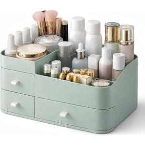 Makeup Organizer with 3 Drawers, Large Vanity Storage for Skincare, Perfume, Lipstick and Brushes, Countertop Cosmetic Holder for Bathroom, Dresser or Bedroom, Green