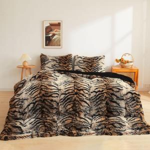 XeGe Tiger Print Fluffy Faux Fur Duvet Cover Set, 3 Pieces Soft Plush Shaggy Fuzzy Bedding Set(1 Farmhouse Comforter Cover + 2 Furry Pillow Cases), Zipper Closure(Queen, Tiger Print Brown)