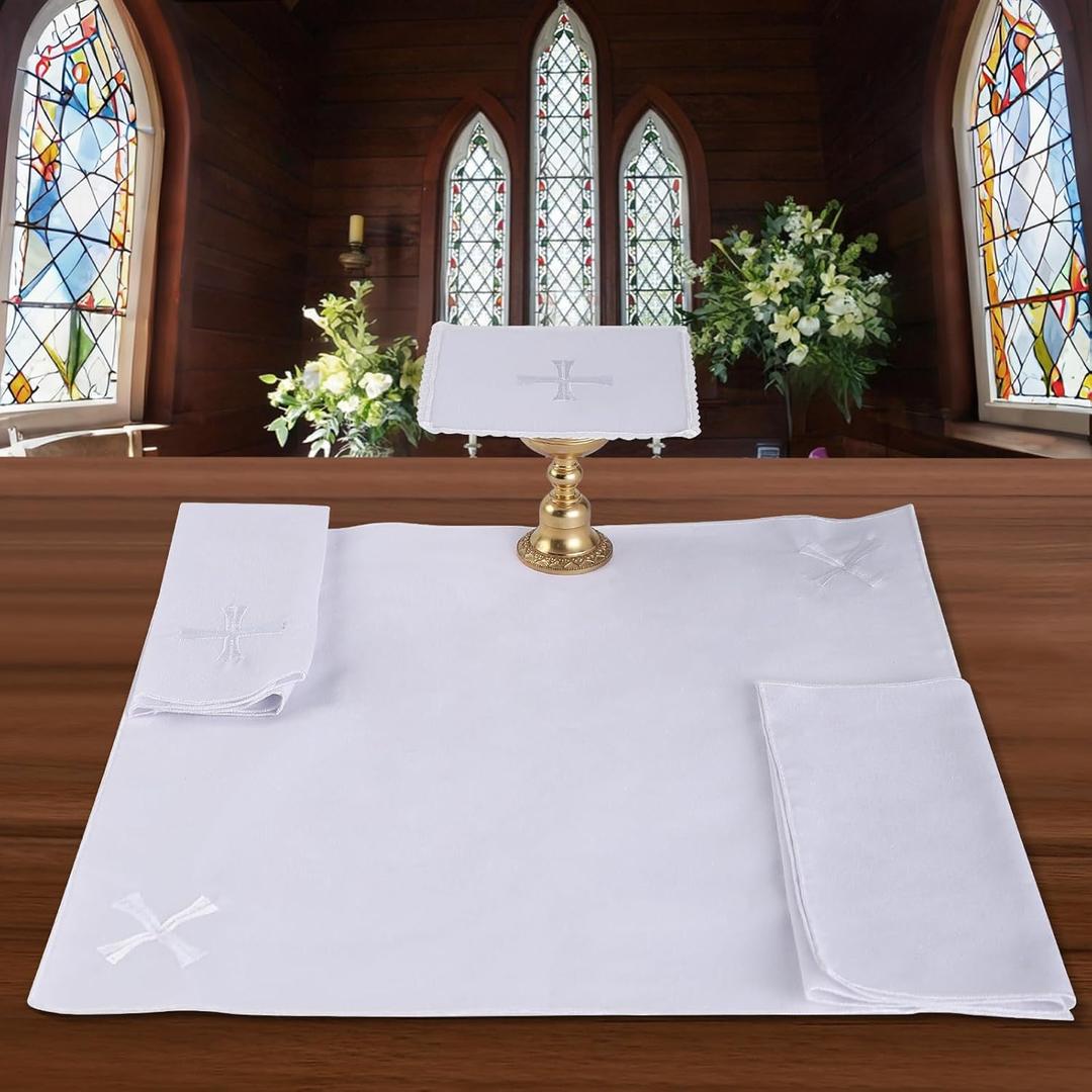 4 Pack Altar Supplies Linen Corporal for Churches Sets (Pall,Corporal,Purificator,Towel) White Linen Altar Cloth Silver Cross Embroidery,Mass Kit Catholic for Priest