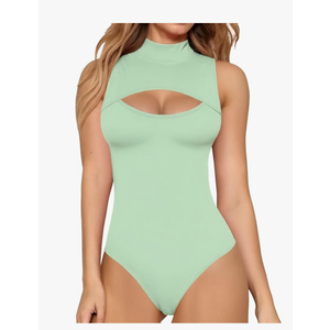 MANGOPOP Mock Neck Cutout Front Top Long Sleeve Sleeveless Bodysuits for Women M