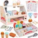Wooden Ice Cream Set Counter Toy for Toddlers, Wooden Play Food Kitchen Accessories, Pretend Play Ice Cream Shop Toys for Kids Ages 3+, Play Store with Fake Money & Coin