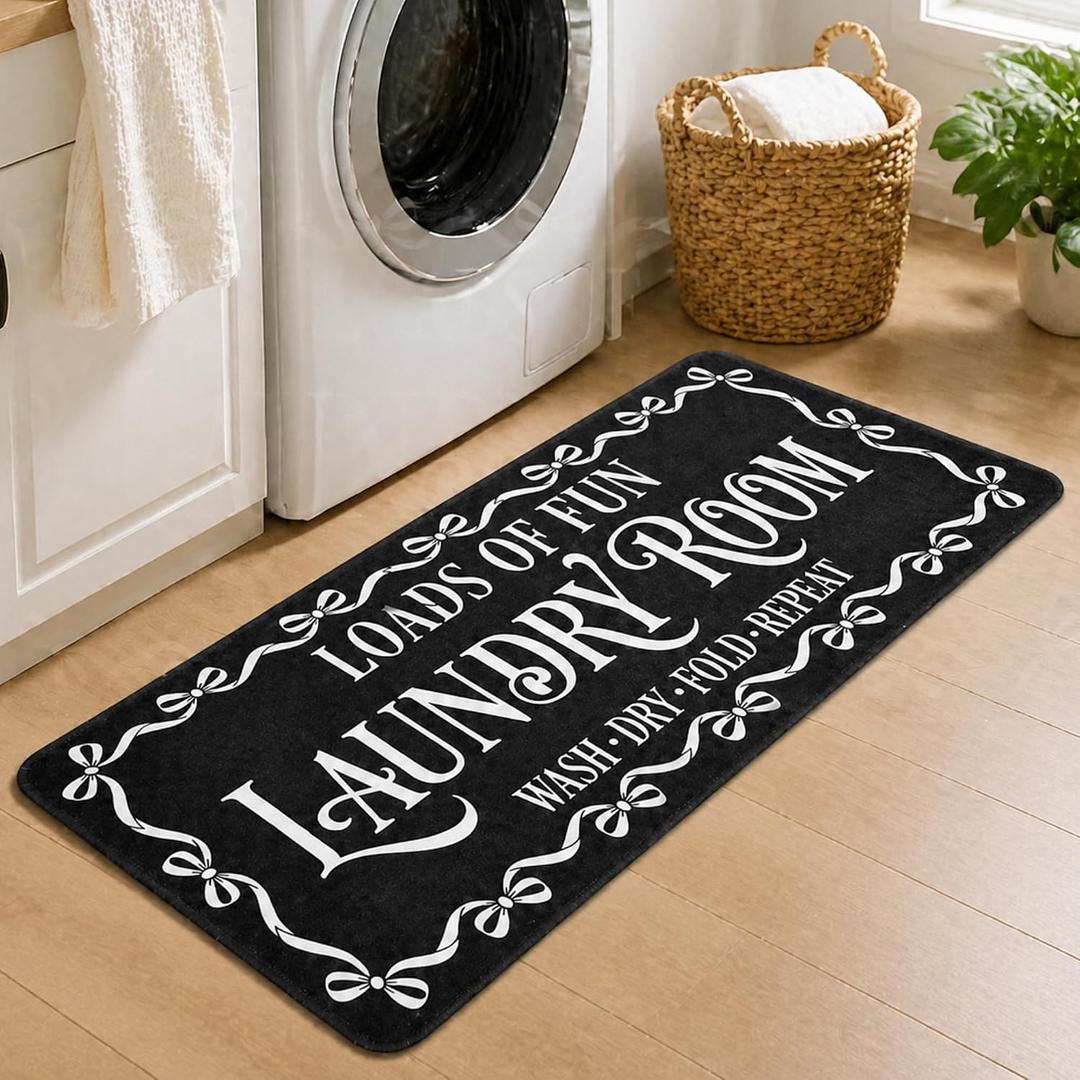 Laundry Room Runner Rug Black Bow Laundry Rug 20 x 47 Inch Non-Slip Farmhouse Floor Mat with Bow Border Washable Comfortable Mat for Bathroom Kitchen Washroom Entryway Decor, 11" x 1'1"