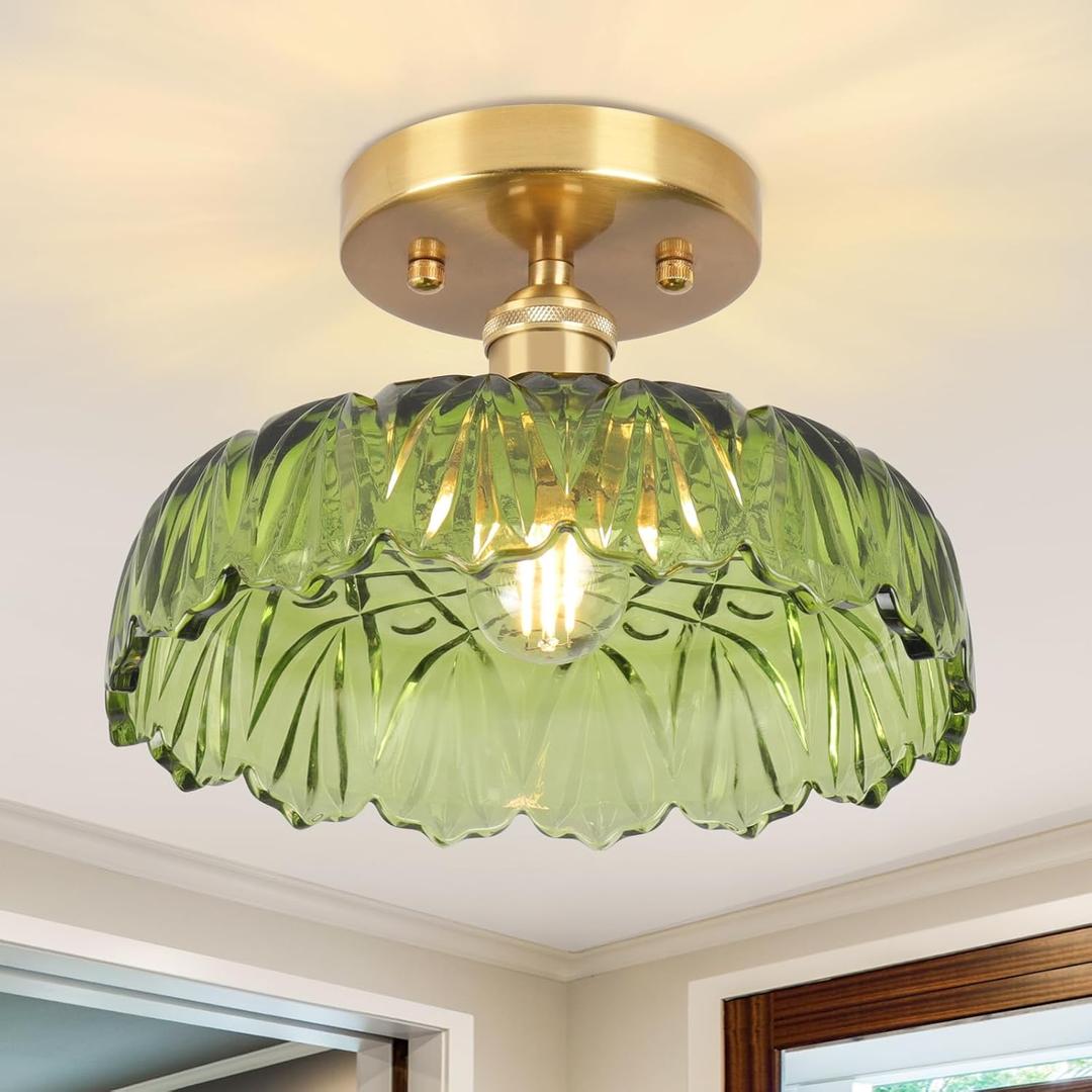 Flush Mount Ceiling Light,Green Hallway Lights Fixture Ceiling,9.4" Flower Light E26 Vintage Light Fixtures for Porch Corridor Bedroom