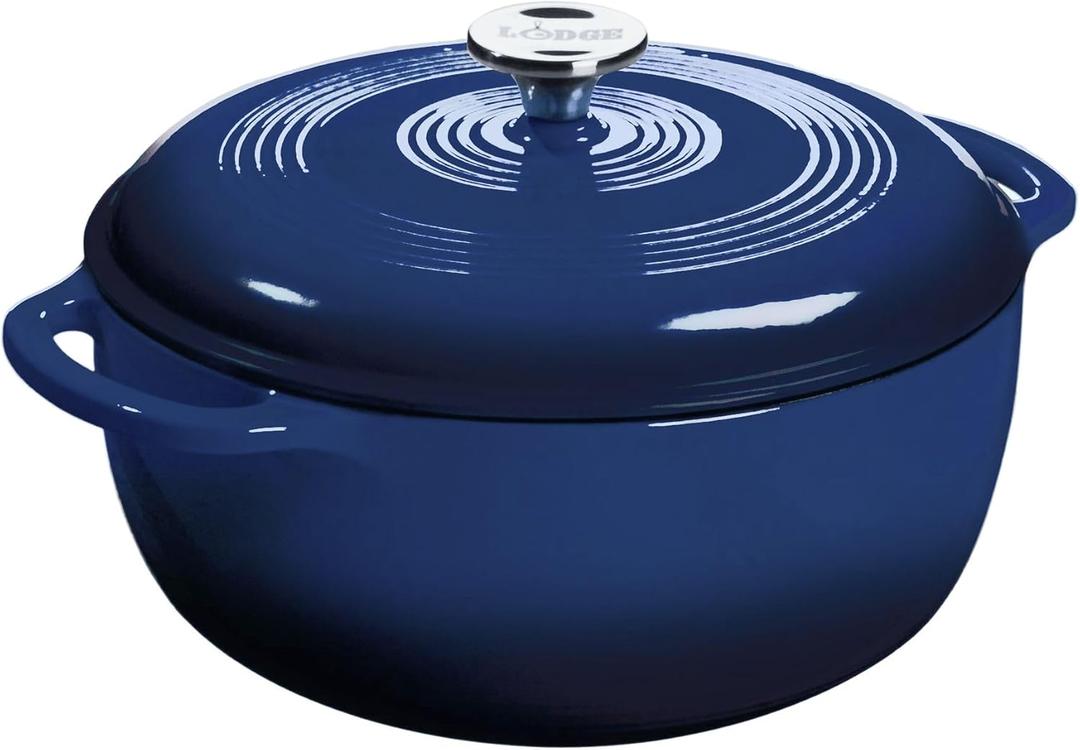 Lodge Essential Enamel Cast Iron Dutch Oven - Perfect for Bread Baking, Braising, Marinating & Slow Cooking - Features Moisture-Sealing Lid & Dual Handles - Kitchen Essentials - 6 Quarts - Indigo
