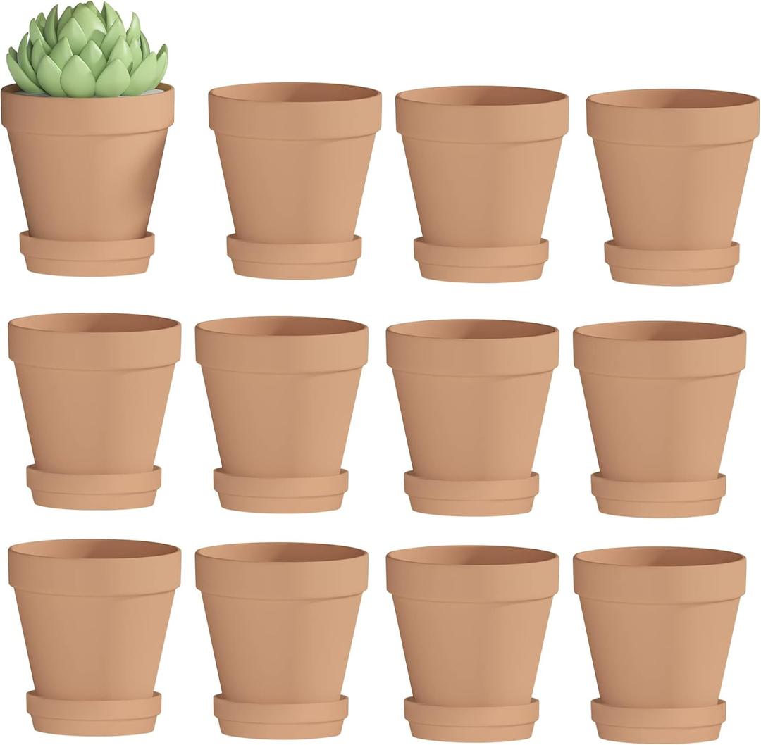 Fcacti 3 Inches Small Terracotta Pots with Saucer, 12 Pack 3" Terra Cotta Planter with Drainage Holes, Small Clay Flower Pots for Plants, Succulents, Crafts, Wedding Favor