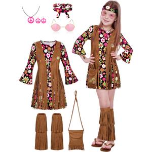 AOTHSO 22 Piece Kids Hippie Costume Set Girls 70s 60s Dress Outfits Vest with Tassel Peace Sign Earring for Halloween Party (Medium, Black)