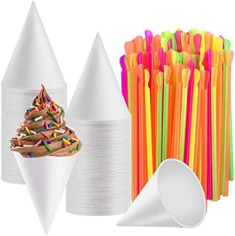 Disposable Snow Cone Cups, WXJ13 100 Piece 6 Ounce Shaved Ice Cups with 100 Piece Spoon Straws for Home Company Party