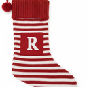 20 Inches Initial Christmas Stocking Monogram Striped Christmas Stocking red Green with White Embroidered Letter Christmas decorations-R-Red