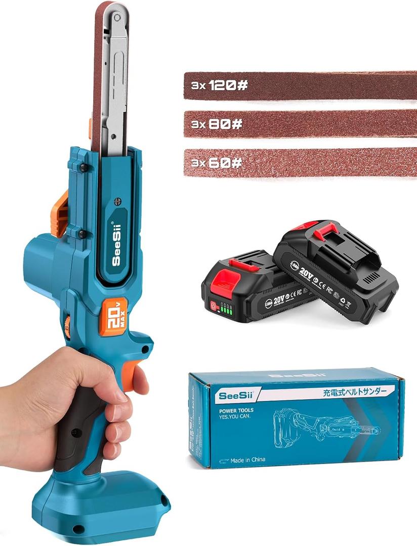 Seesii Belt Sander 1/2" x 18", 6 Speeds Max 1700 FT/Min, with 2 * 2.0Ah Battery, Charger, Hand Held Belt Sander for Metal Working, Wood, Plastic, Auto Grinding (Classic Kit)