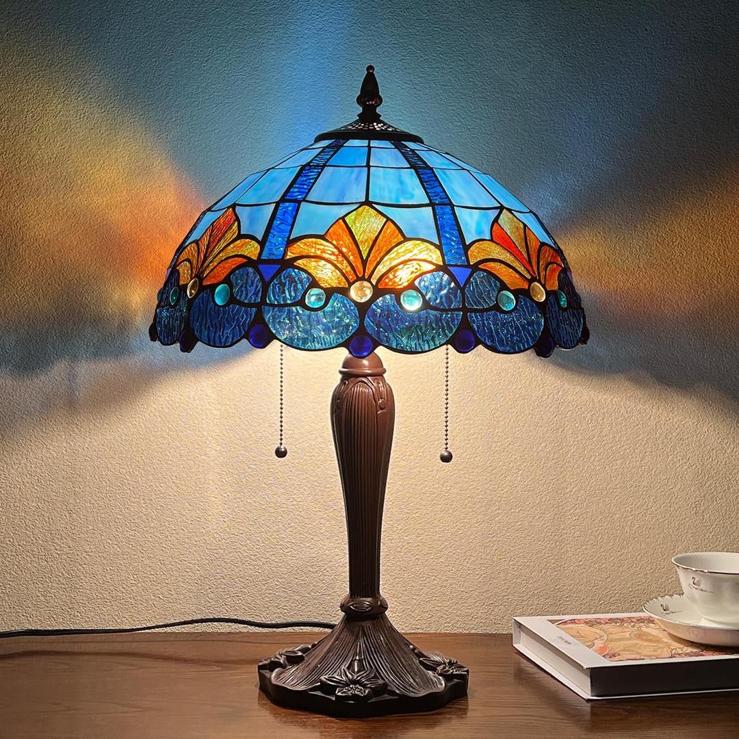 Tiffany Table Lamp 16" Blue Large Stained Glass Desk Reading Light | 2-Lights Handcrafts Antique Style Nightstand Bedside Lamp For Living Room Bedroom Study Office W16" x H23"