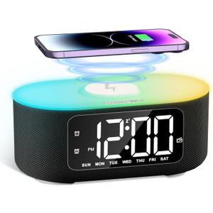 JALL Fabric Alarm Clock for Bedroom, with Big Led Screen Display, Bluetooth Stereo Sound Speaker, FM Radio, Fast Wireless Charging, USB Charging Port, Nightlight, White Noise, Ideal for Gift, Black