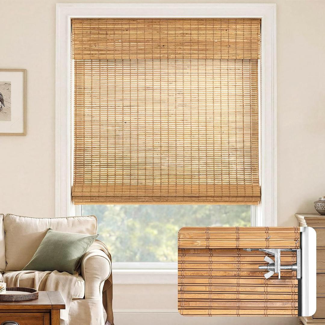 LazBlinds No-Drill Cordless Roman Shade - Light Filtering Natural Wood, Easy Install Bamboo Blind for Windows 26" W x 48" H, Malay Oak