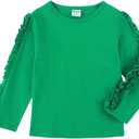 Noomelfish Girls Ruffle Long Sleeve T-Shirts Solid Color Tee Tops Blouse (5-12 Years) (Red, XL)