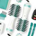 Dual Voltage Travel Hair Dryer Brush 4-IN-1 Portable Mini Hot Air Blow Dryer Straightener & Curler Brush, Titanium Round Blowout Styler Volumizer Tools, 110/240V US/EU/UK Plug for International Travel (Nacre White & Turquoise Green)