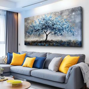 MHARTK66 Canvas Wall Art For Living Room Farmhouse Wall Decor For Bedroom Office Decorations Gray Wall Paintings Blue Tree Landscape Pictures Artwork Ready to Hang for Home Decor art 40"X20"