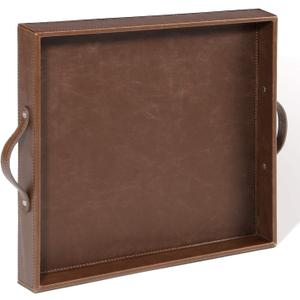 Ranslen Square Leather Serving Tray with Handles, 15"x15" Decorative Table Tray for Home, Ottoman, Coffee Table, Brown
