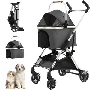 3 in 1 Pet Stroller 4 Wheel Small Medium Portable Foldable Carrier Dog Strolling Storage Basket 33lb max Adjutable Handle Height (Dark gray)