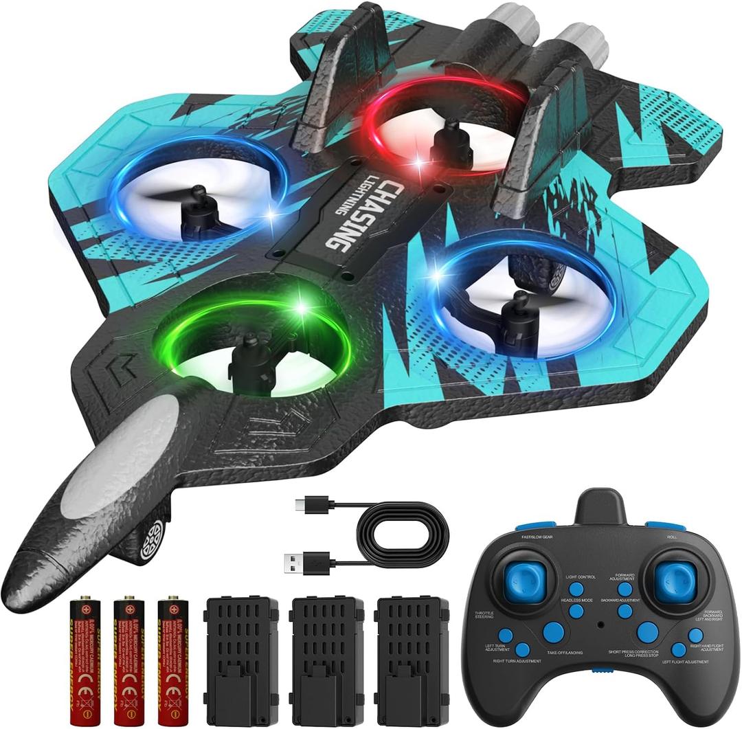 Foam RC Airplane with Cool Led Light, 360 Flip and Headless Mode, Remote Control Airplane RC Plane for Kids Adults Aged 6+, RC Flying Toy for Kids, Birthday Gift - Black Blue