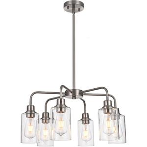 6-Light Modern Farmhouse Brushed Nickel Chandelier, Dining Room Light Fixture Over Table Adjustable Height Hanging Industrial Pendant Lights Kitchen Island, Clear Glass Shade