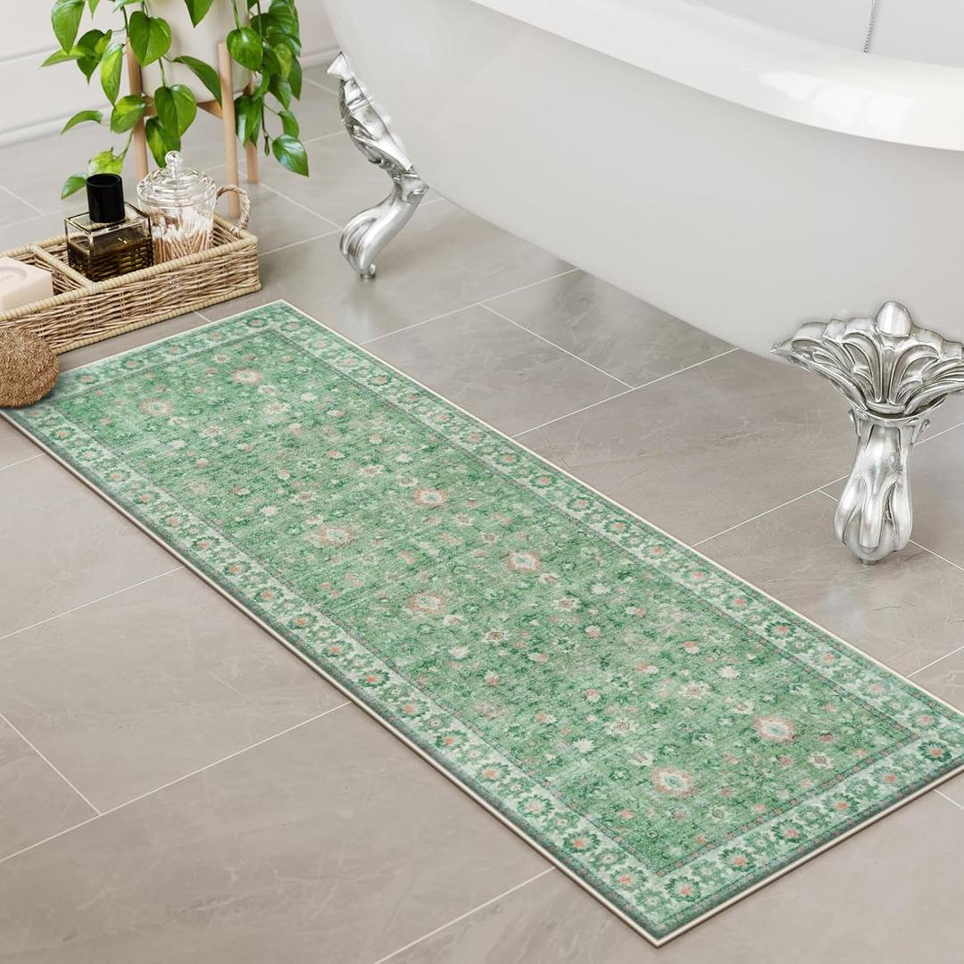Uphome Boho Bathroom Runner Rug Mat 18x47, Non-Slip Soft Shaggy and Comfortable Large Size Microfiber Vintage Farmhouse Bath Rug, Super Absorbent and Thick, Machine Washable, Long Bath Mat, Green, 1'6" x 3'11",  (Rectangular)