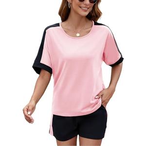 CiCiBird Women Casual 2 Pieces Outfits Summer Matching Lounge Set Comfy Sweatsuit Jogger Sets Short Sleeve Top and Shorts with Pockets Pink XL