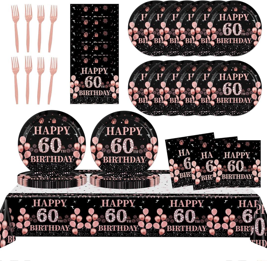 60th Birthday Decorations for Woman,61Pcs Rose Gold 60th Birthday Decorations Tableware Include Happy 60th Birthday Plates and Napkins,Tablecloth,Forks,60th Birthday Party Supplies,Serve 20