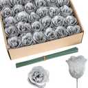 Glitter Roses Bouquet,30PCS Silver Roses Fake Roses Artificial Flowers for Wedding Bouquet Party Christmas Home Decor(Silver)