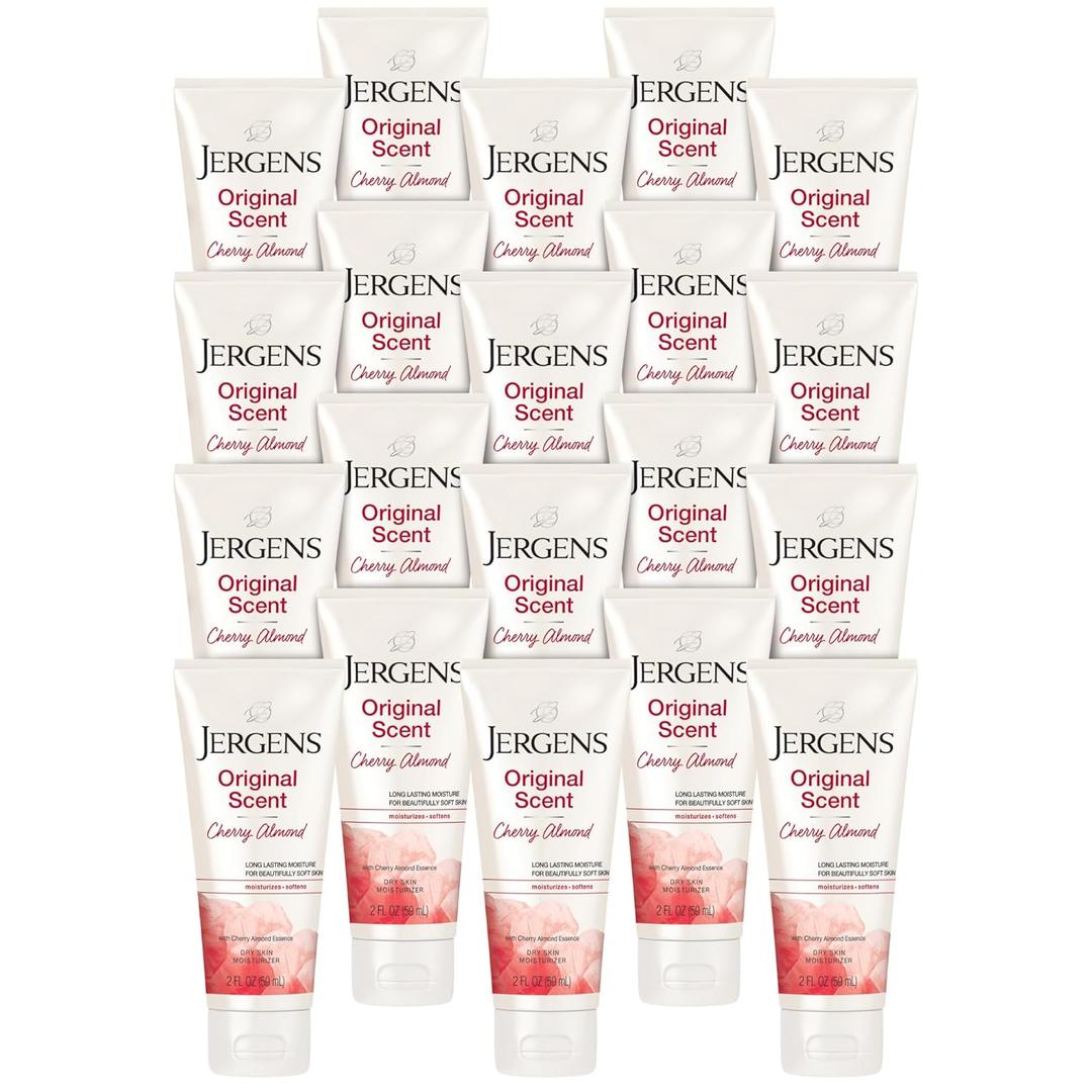 Jergens Original Scent Dry Skin Body Lotion, Hand and Body Moisturizer, Cherry Almond Essence, Dermatologist Tested, 2 Oz, Pack of 20 (2 Fl Oz (Pack of 20))