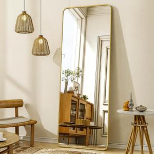 XRAMFY 56"x21" Floor Full Length Mirror Standing Full Body Rounded Corner Rectangle Mirrors with Stand Hanging Wall Mounted Leaning Bedroom Living Room Bedroom Cloakroom,Gold