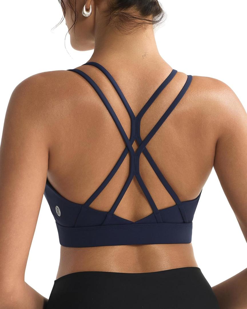 RUNNING GIRL Sports Bras for Women,Strappy Crisscross Back Padded Low Impact Running Sports Bra with Removable Cups (Large, A-Navy Blue)