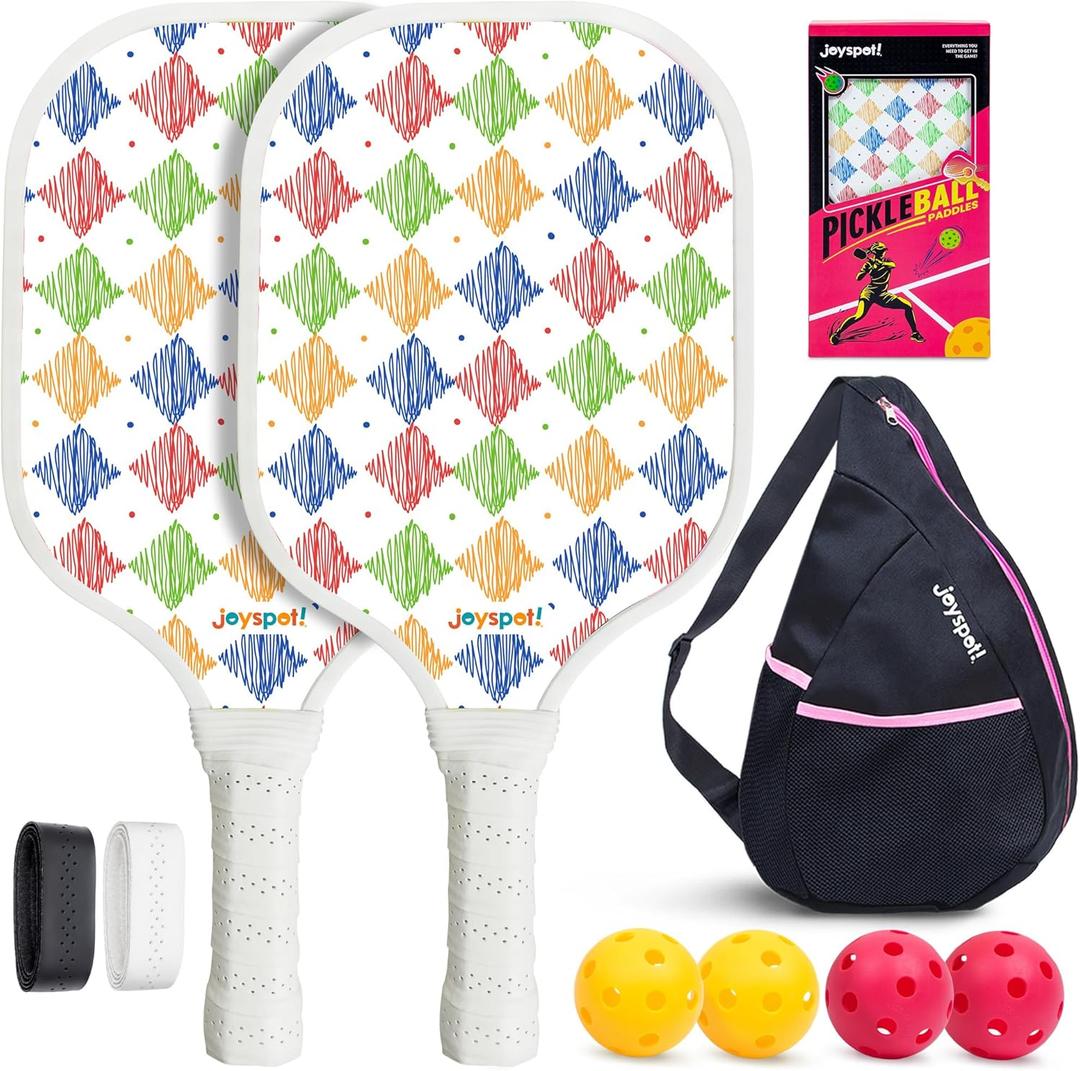 Premium Pickleball Paddles Set of 2, Fiberglass Surface & Polypropylene Honeycomb Core, Lightweight (7.5oz) with 4 Indoor/Outdoor Balls,GripTapes Carry Bag, Perfect for Beginner Men Women (Rhombus)
