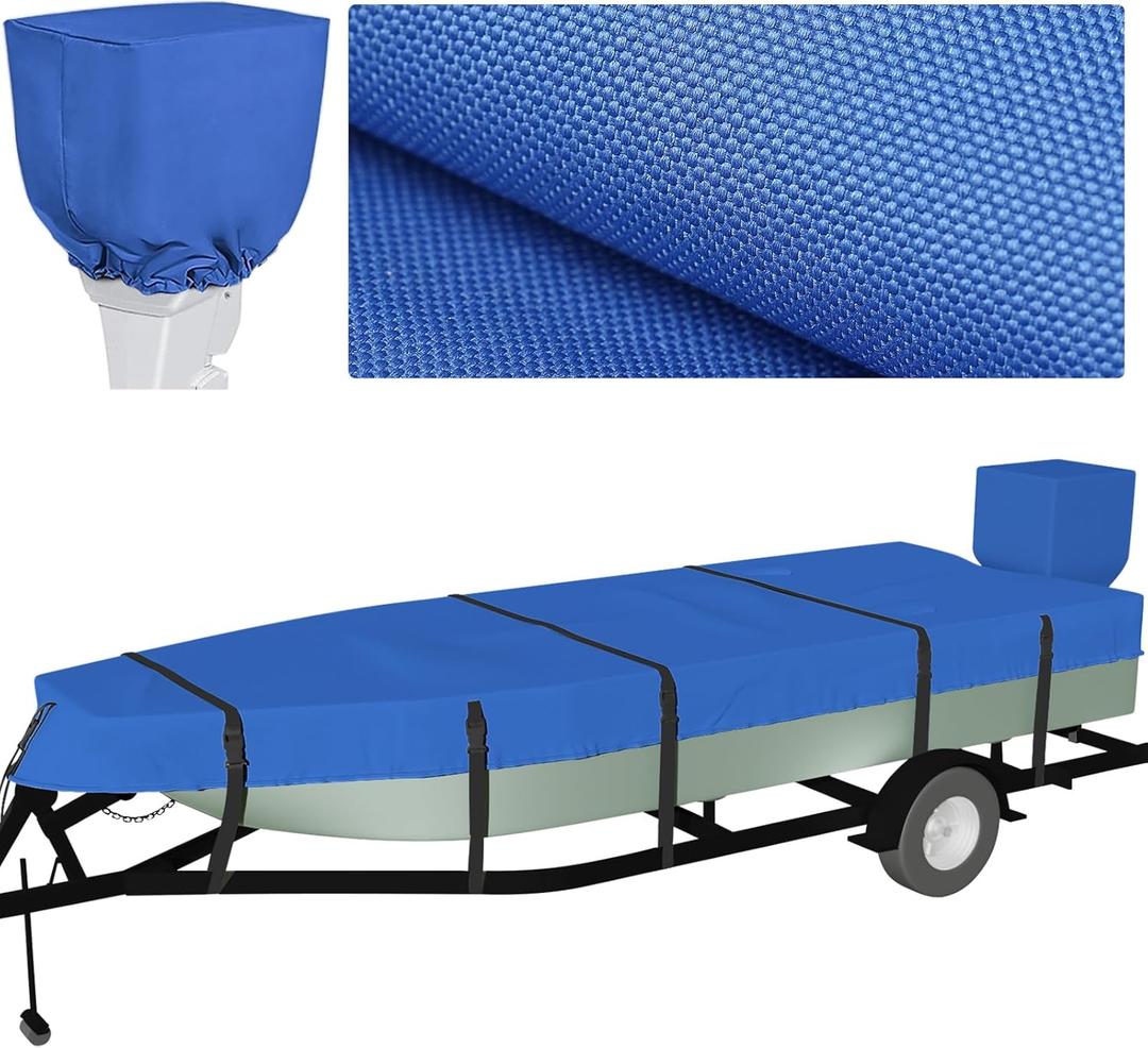 Heavy Duty Ture 900D Polyester Jon Boat Cover 12ft - 14 ft with Motor Cover, 100% Waterproof Anti-UV Trailerable Jon Boat Covers 12-14 Foot with 9+4 Pcs Windproof Straps (12'-14' Long, Beam Width to 70", blue)