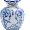 Blue and White Ceramic vase, Chinoiserie Floral Scroll Design with Wavy Blue Rim, Hand Painted Mantel Decor, Porcelain, Home Decor (Small, Mantangchun