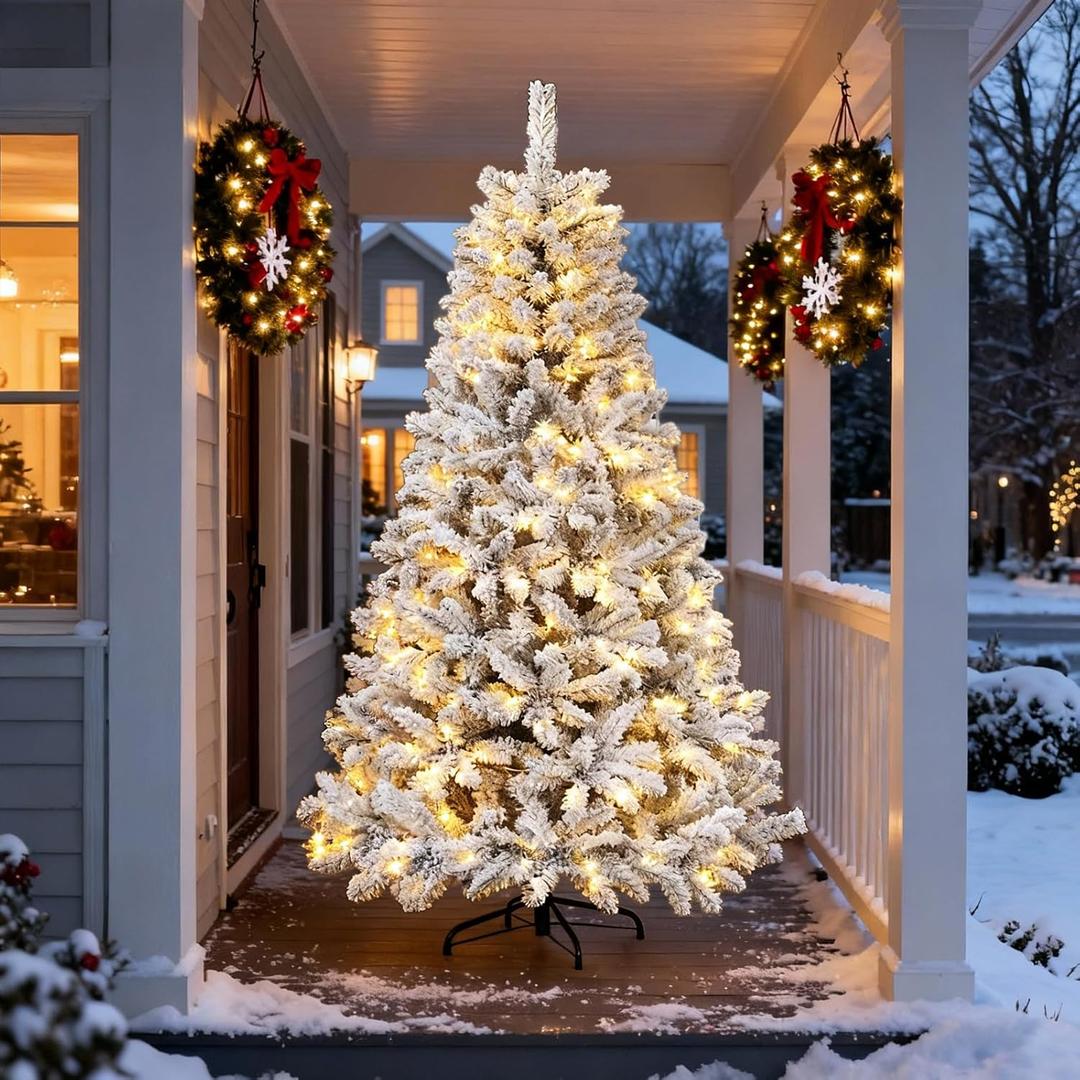 Northroad 5ft Snow Flocked Pre-lit Christmas Tree with 200 Warm White Lights, 500 Branch Tips & Foldable Stand, Full Artificial Xmas Tree for Winter Holiday Dcor