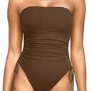 Yonique Women Strapless One Piece Swimsuit Tummy Control Bandeau Bathing Suit Cheeky Swimwear (Medium, Brown)