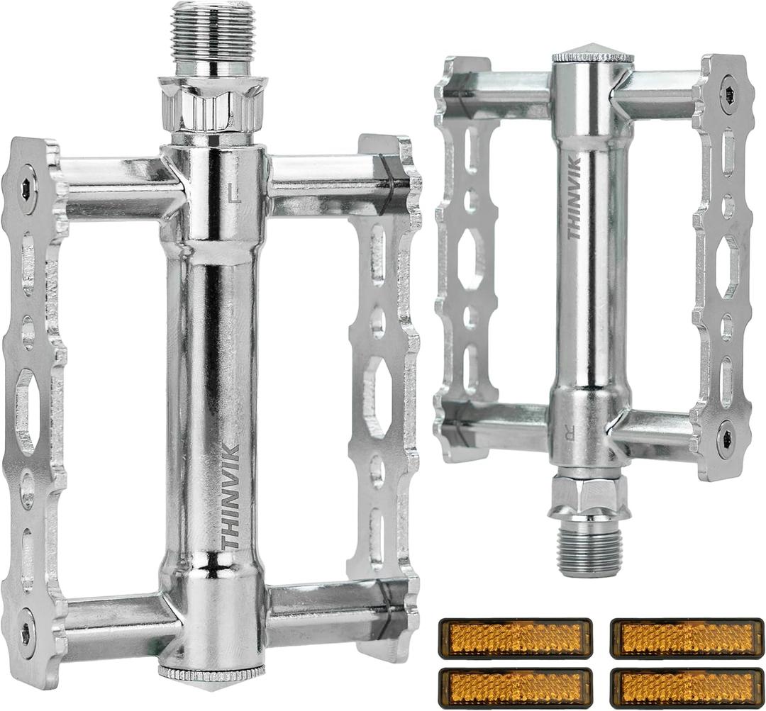 Thinvik Bike Pedals of 9/16 Inch - Retro Silver Bicycle Flat Pedals with Reflectors - Lightweight Aluminum Alloy Platform Pedals with 2DU Sealed Bearings for Mountain, BMX, and Road Bikes