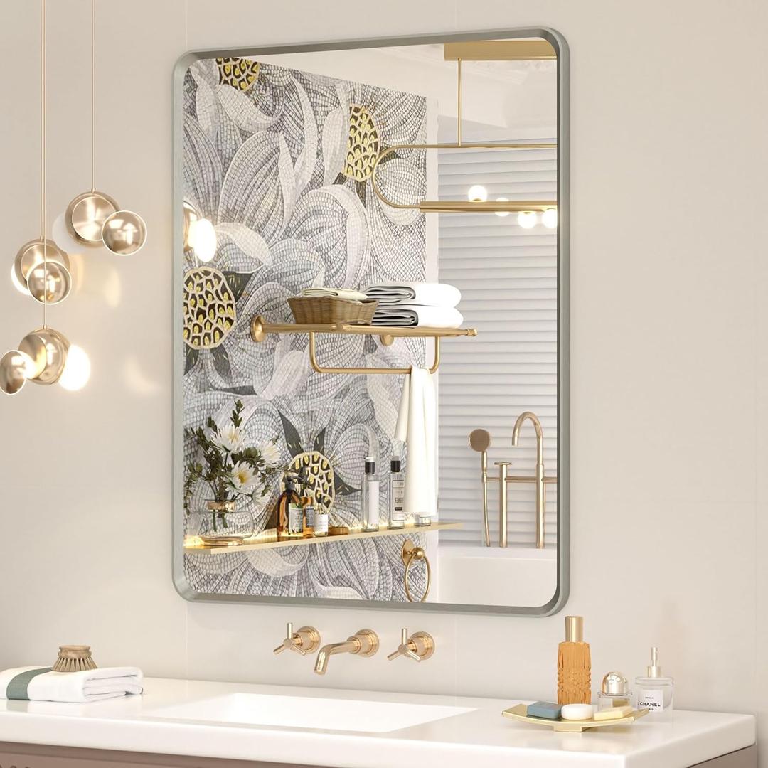 OKPAL Brushed Nickel Bathroom Mirror for Wall 28 x 36 in, Rectangular Metal Framed Silver Mirror for Vanity Beveled Round Corner Aluminum Alloy Rectangle Modern Mirror(Horizontal/Vertical)