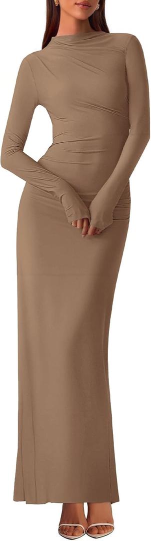 BTFBM Women Bodycon Maxi Dress Fall 2025 Long Sleeve Ruched Elegant Party Cocktail Formal Wedding Guest Dresses (Brown, XL)