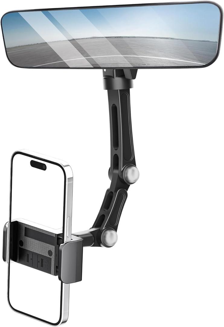 Karmus Rear View Mirror Phone Holder, Aluminum Alloy Mount Car Phone Holder Universal Rotatable and Retractable Rearview Mirror Phone Mount for Car Truck (Black)