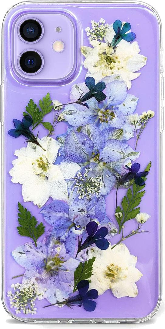 Abbery Designed for iPhone 12/12 Pro Pressed Flower Case, Cute Clear with Design Soft TPU Transparent Dried Real Flower Purple Floral Aesthetic Phone Case for Women Girls Kids (Navy Flower)