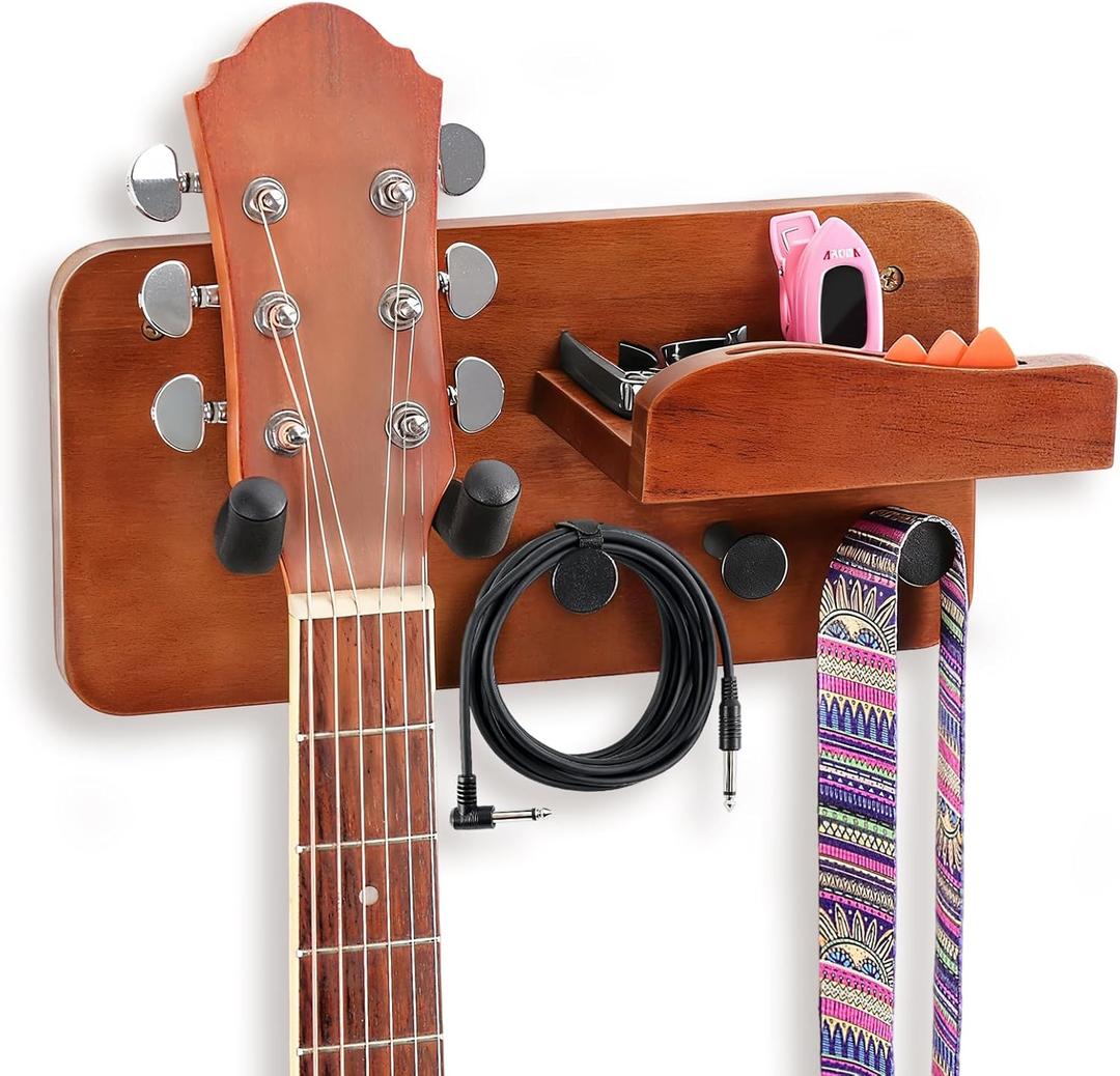 Guitar Wall Mount Shelf with Pick Holder, Walnut Wood Guitar Hanger Rack with Rotatable Yoke and 3 Storage Hooks for Acoustic, Electric, Bass, Ukulele