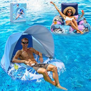 2025 Upgraded Pool Float with Canopy, 2 Cup Holders - XL Inflatable Pool Floats with Adjustable Sun Shade Cover, Dual Handles, Ergonomic Headrest, Heavy Duty Adult Floats for Pool, Beach, Lake (Tropical Blue+Pink)