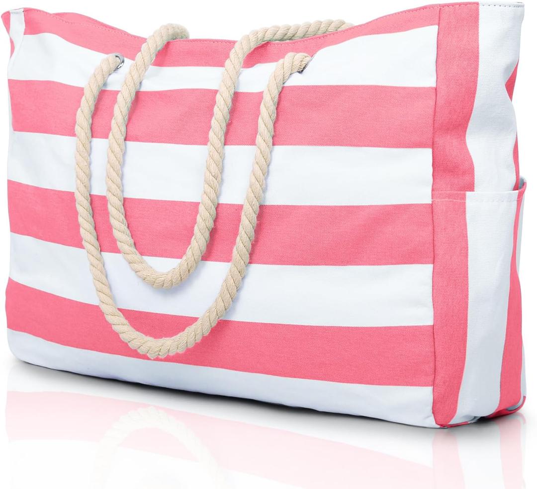 Becokan Beach Bag Large Beach Tote Bag for Women Waterproof Sandproof Swim Pool Bag With Zipper (Pink)