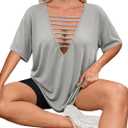 Remidoo Women's Oversized T-shirt Sexy Cut Out Top Ripped Shirt Short Sleeve V Neck Tee Grey Large (Gray, L)